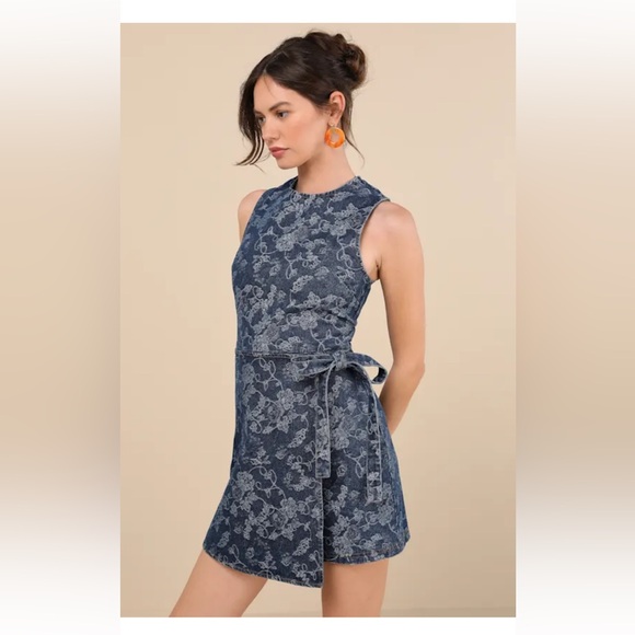Lulus Alena Dark Wash Floral Denim Sleeveless Mini Wrap Dress - Picture 1 of 5